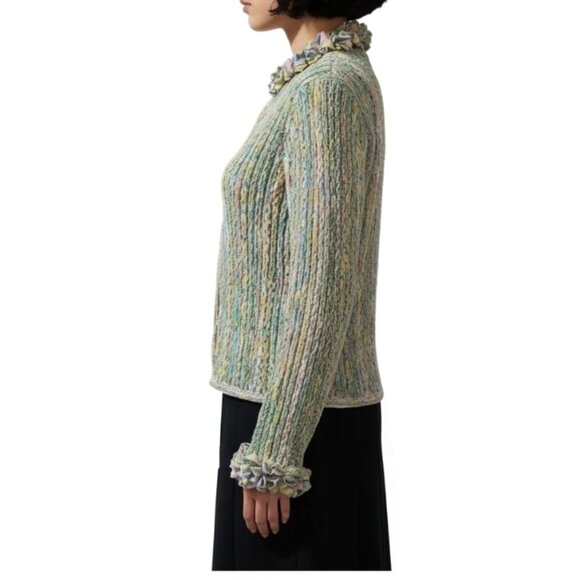 Cici Bianca Cardigan Sweater Ruffled Neckline Art to Wear Handwoven Small/Medium - Picture 5 of 11